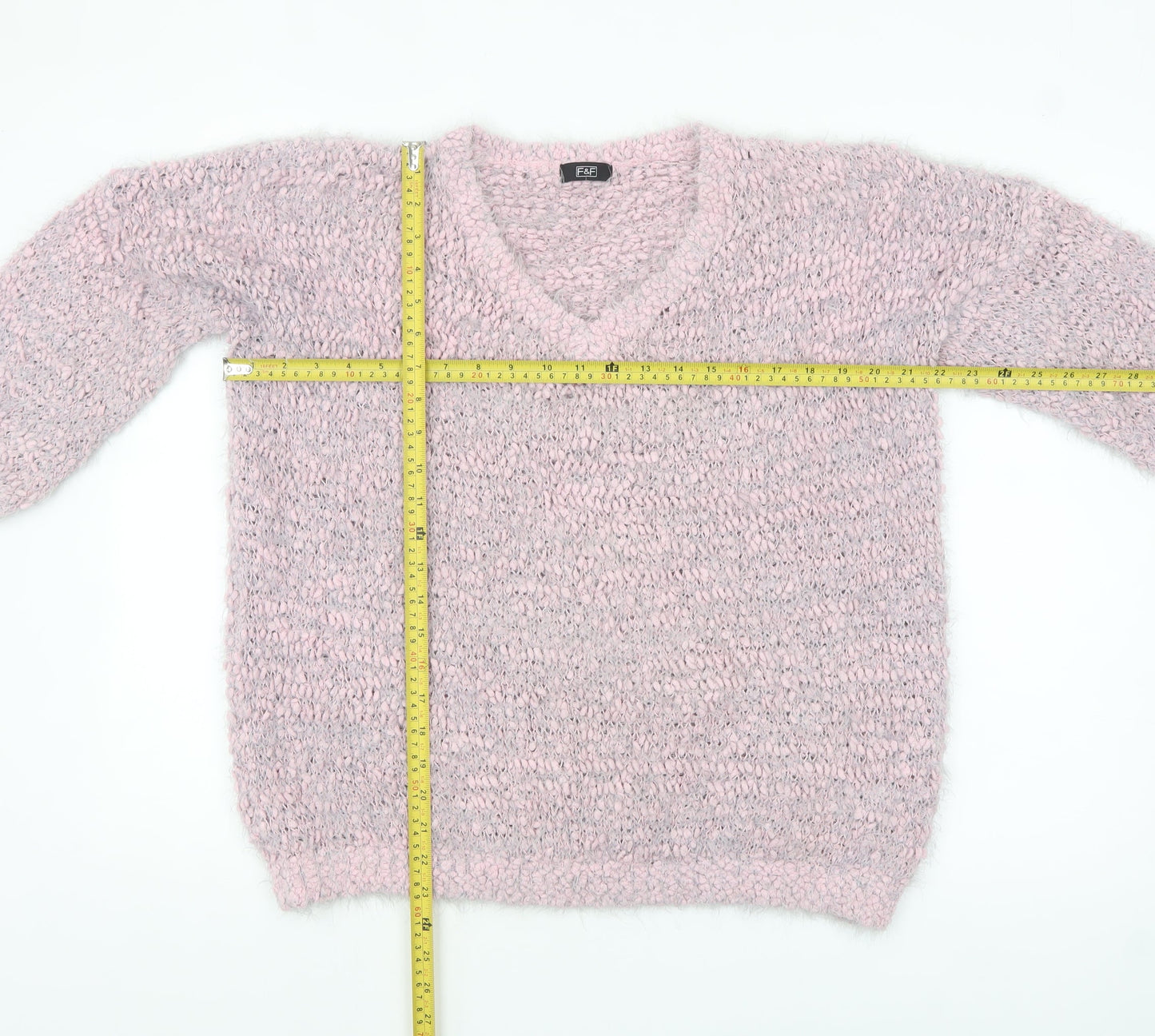 F&F Women’s Pink Chunky Knit V-Neck Pullover Jumper Size 14