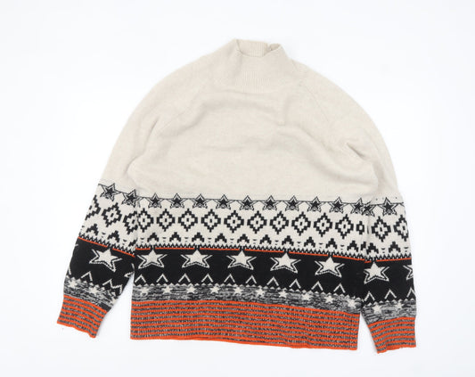 White Stuff Women’s Beige Wool Fair Isle High Neck Jumper Size 14