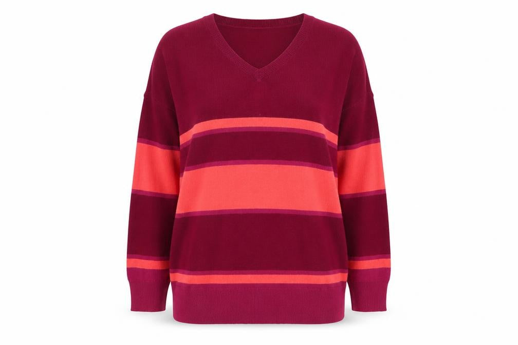 M&Co Women’s Red Striped V-Neck Pullover Jumper Size 16