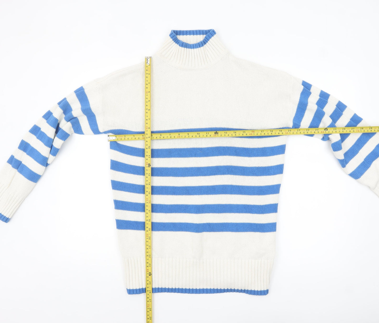 Nutmeg Women Blue White Striped High Neck Cotton Jumper Size 10