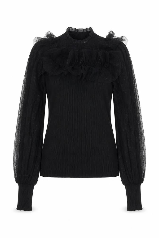 Morgan Women’s Black High Neck Sheer Sleeve Ruffle Jumper Size S