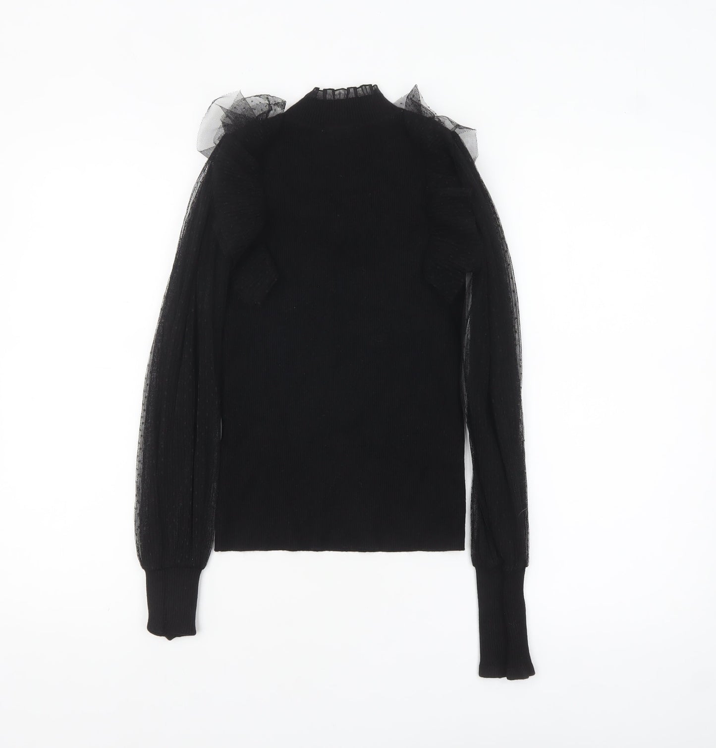 Morgan Women’s Black High Neck Sheer Sleeve Ruffle Jumper Size S