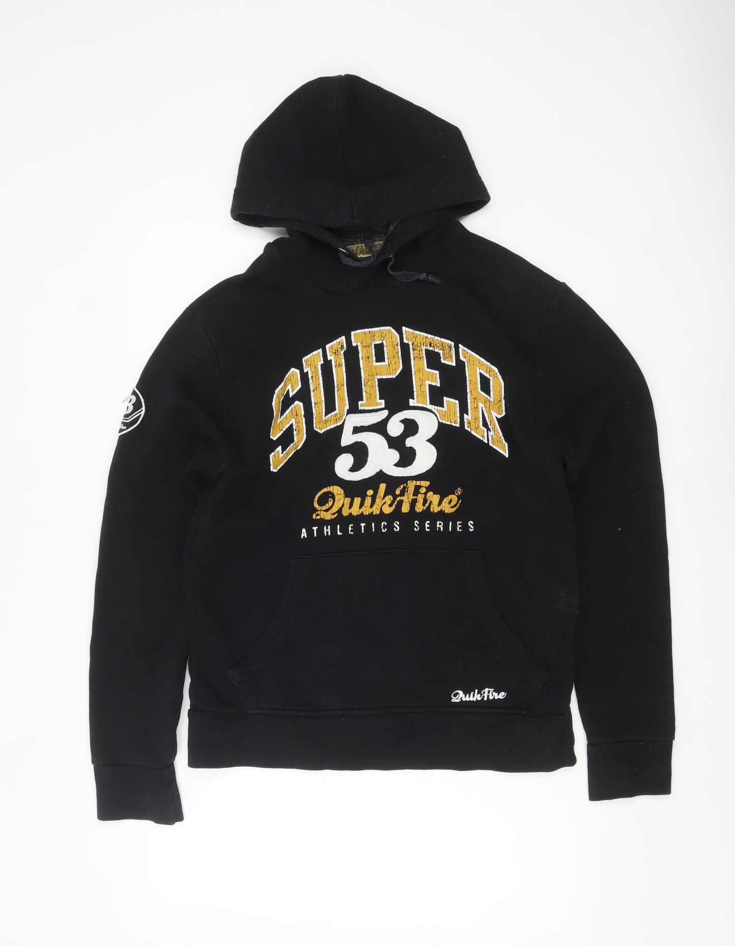 QuikFire Men's Black Pullover Hoodie Size S Fleece Lined Graphic Sportswear