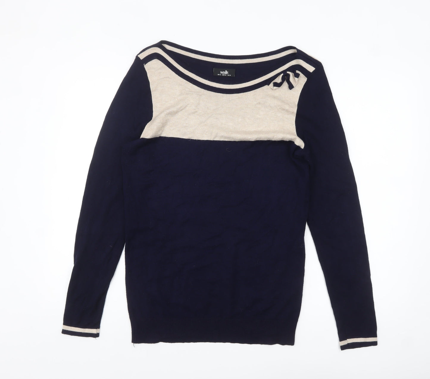 Wallis Women’s Blue Beige Boat Neck Bow Pullover Jumper Size 14
