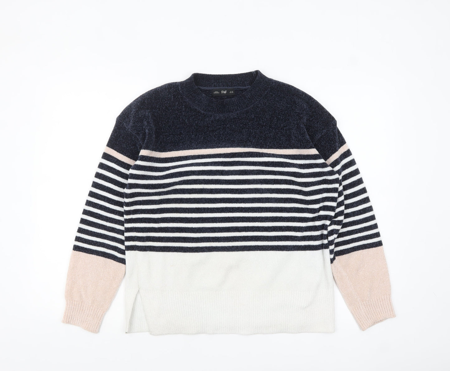 F&F Women's Navy Striped Pullover Jumper UK 10 Classic Knit