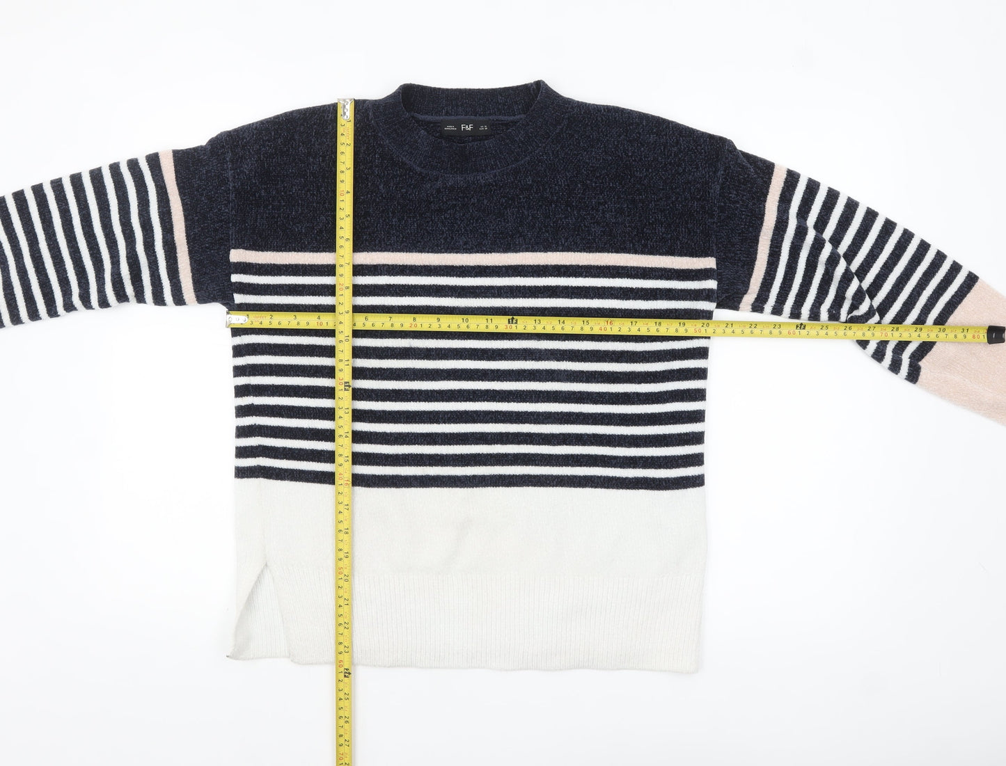 F&F Women's Navy Striped Pullover Jumper UK 10 Classic Knit