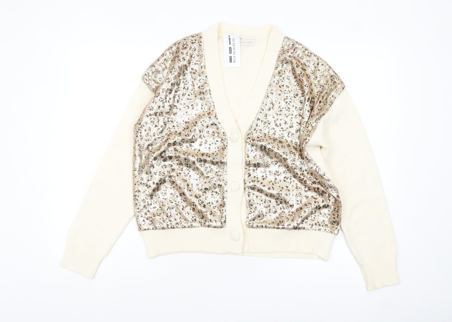 Lamia Womens Beige Sequin Animal Print V-Neck Cardigan One Size