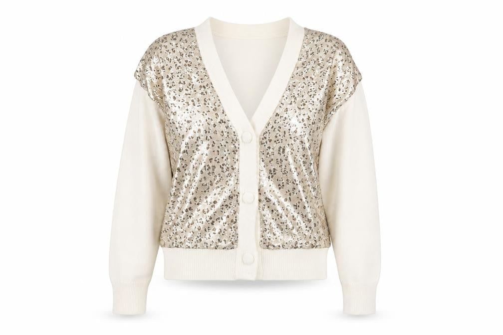 Lamia Womens Beige Sequin Animal Print V-Neck Cardigan One Size