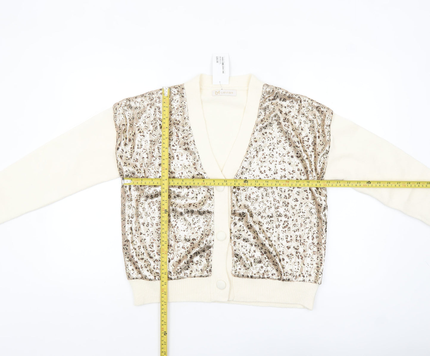 Lamia Womens Beige Sequin Animal Print V-Neck Cardigan One Size