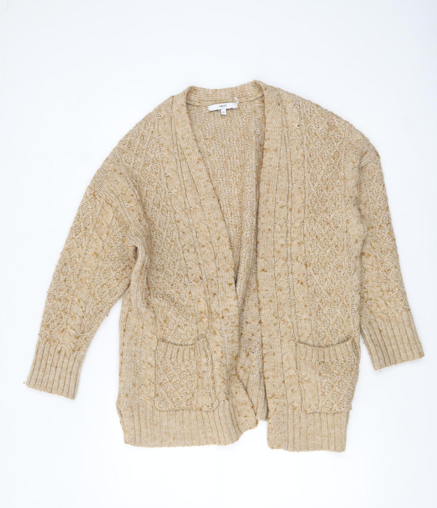 Next Women's Beige Cable Knit Wool Blend V-Neck Cardigan M