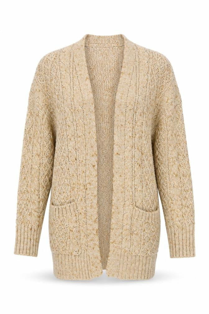Next Women's Beige Cable Knit Wool Blend V-Neck Cardigan M