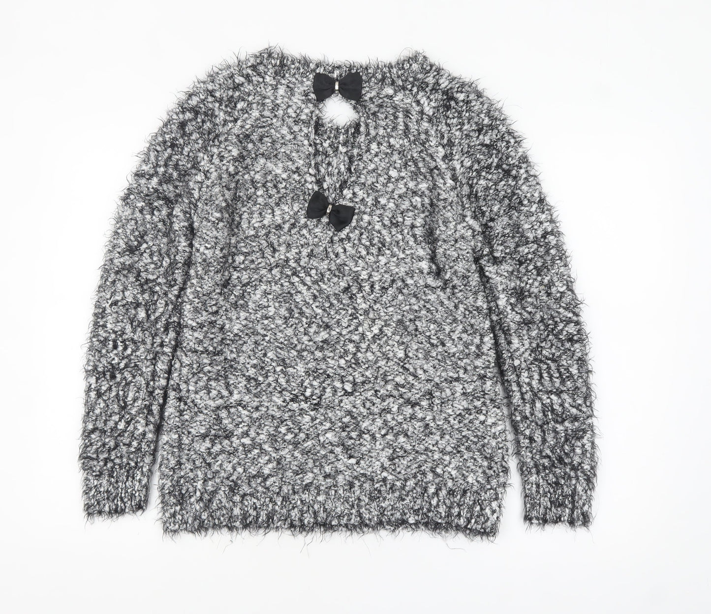 Quiz Women’s Grey Fuzzy Chunky Knit Long Sleeve Bow Jumper Size S
