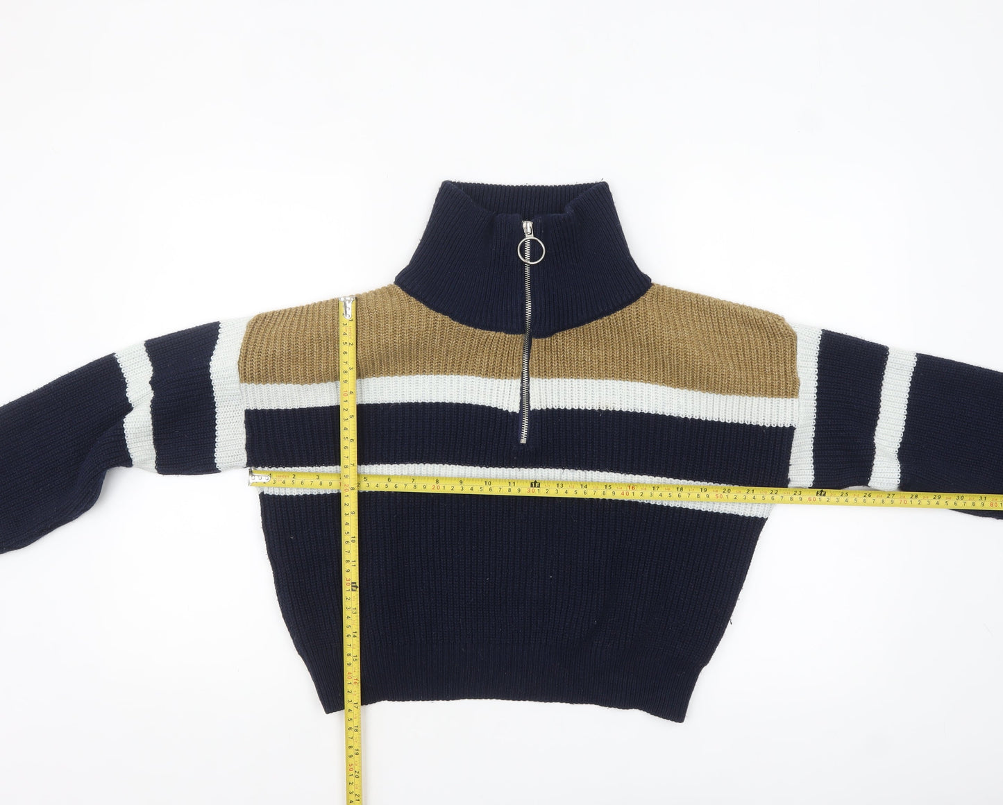Urban Outfitters Women's Blue Striped Half Zip Chunky Knit Jumper Size S
