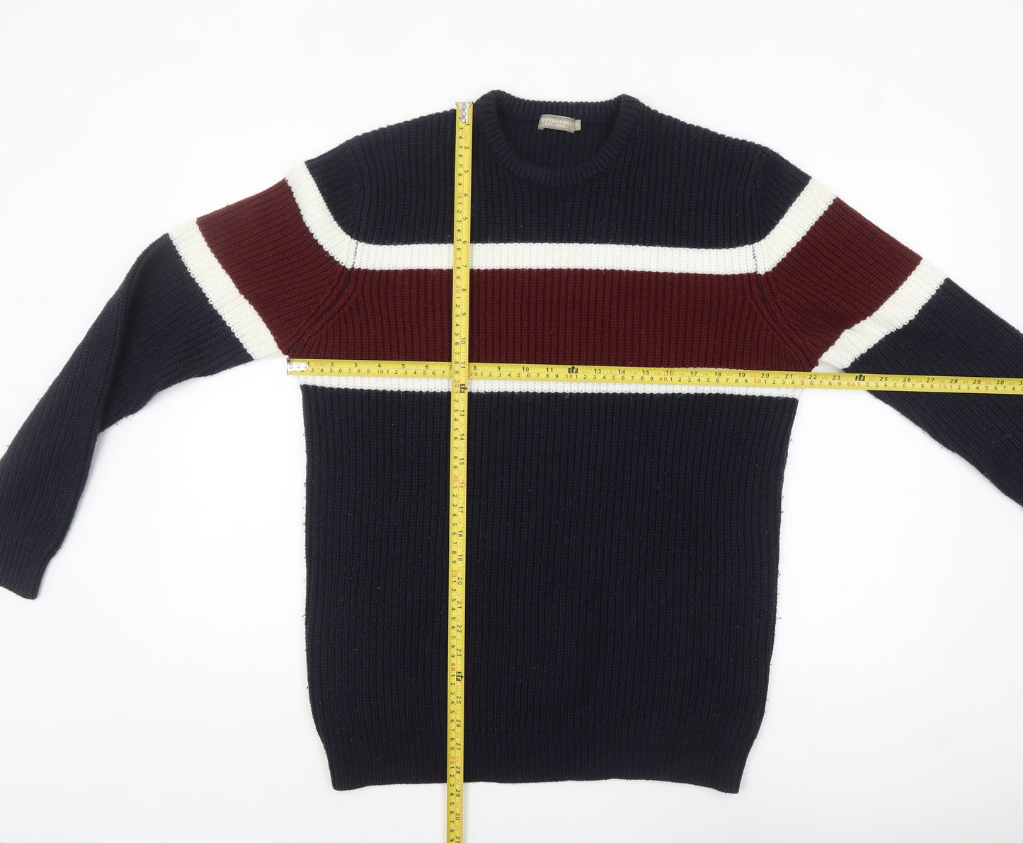 Cotton & Silk Men's Navy Striped Crew Neck Pullover Jumper 2XL