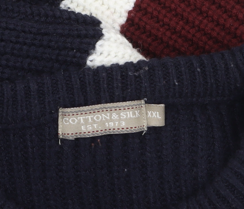 Cotton & Silk Men's Navy Striped Crew Neck Pullover Jumper 2XL