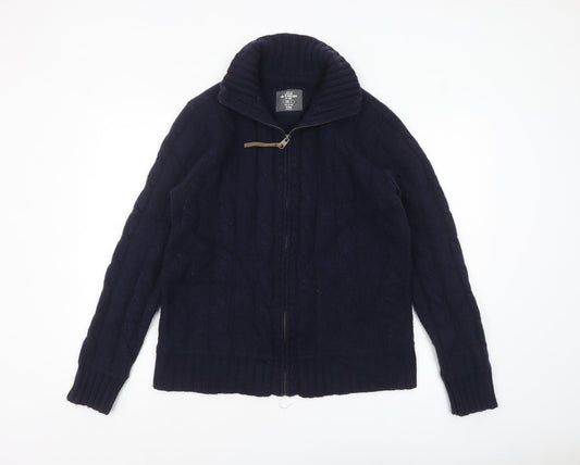 H&M L.O.G.G. Men's Blue Wool Cable-Knit Full Zip Jumper L
