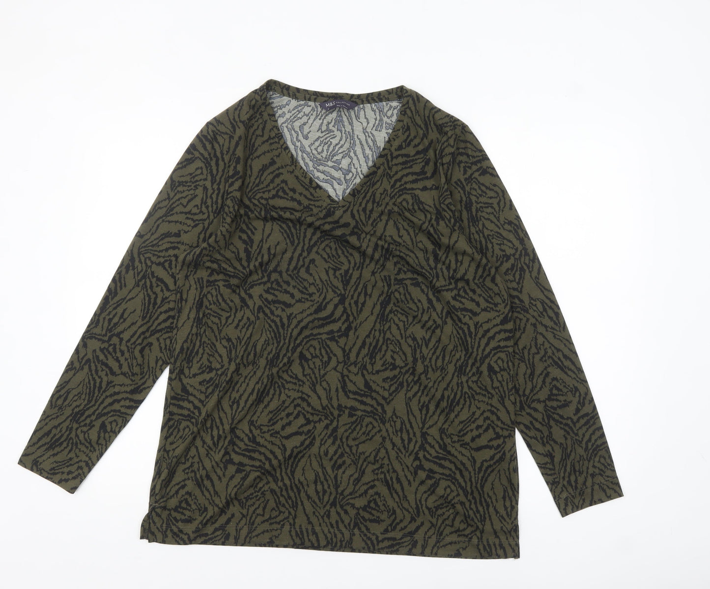 Marks and Spencer Women's Green Animal Print V-Neck Long Sleeve Top Size 12