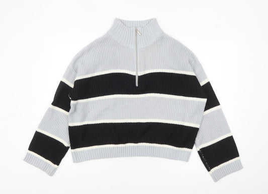 Brave Soul Women’s Grey Striped High Neck Half Zip Chunky Knit Jumper L
