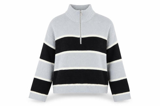 Brave Soul Women’s Grey Striped High Neck Half Zip Chunky Knit Jumper L
