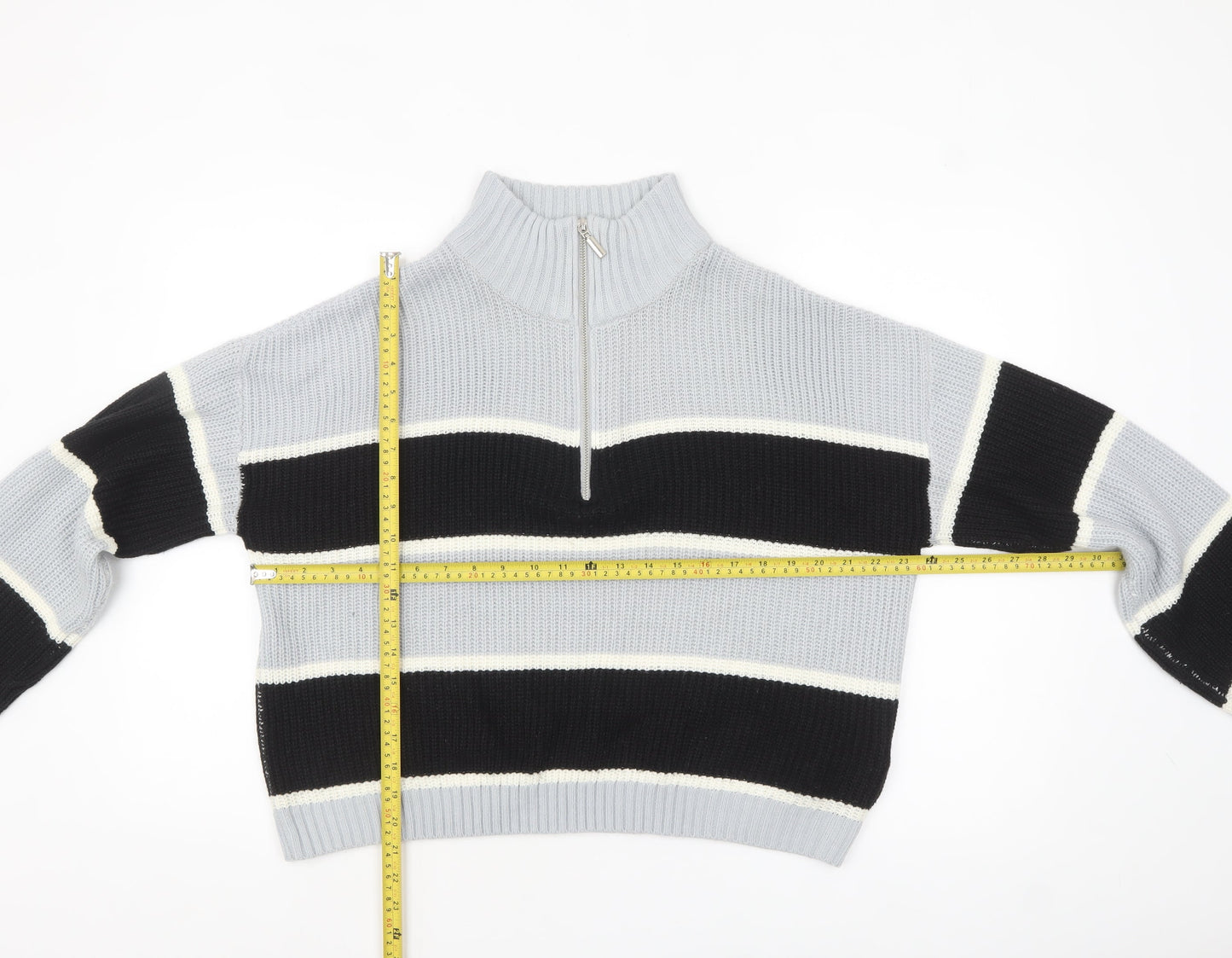 Brave Soul Women’s Grey Striped High Neck Half Zip Chunky Knit Jumper L
