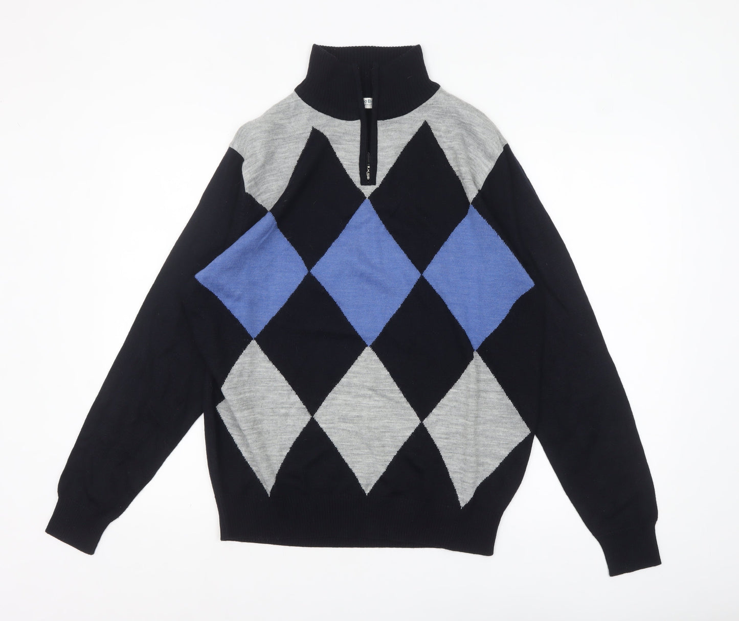 BONO BONO Uomo Men's XL Black Grey Blue Argyle 1/2 Zip Wool Jumper