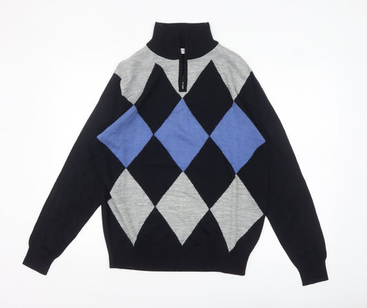 BONO BONO Uomo Men's XL Black Grey Blue Argyle 1/2 Zip Wool Jumper