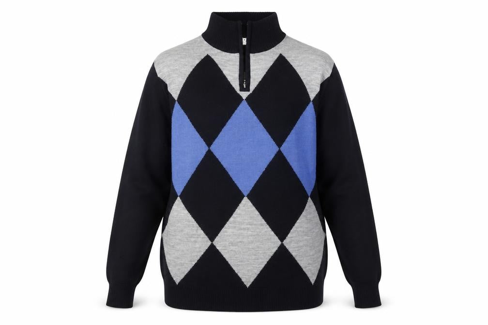 BONO BONO Uomo Men's XL Black Grey Blue Argyle 1/2 Zip Wool Jumper