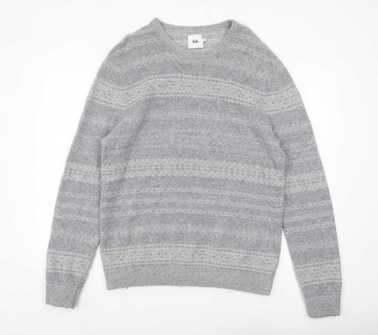 Kin Men's Grey Fair Isle Wool Blend Pullover Jumper XL