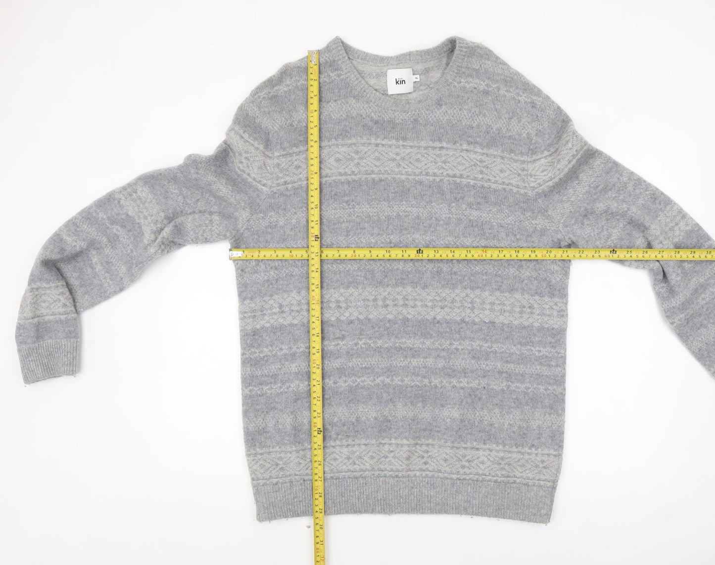 Kin Men's Grey Fair Isle Wool Blend Pullover Jumper XL