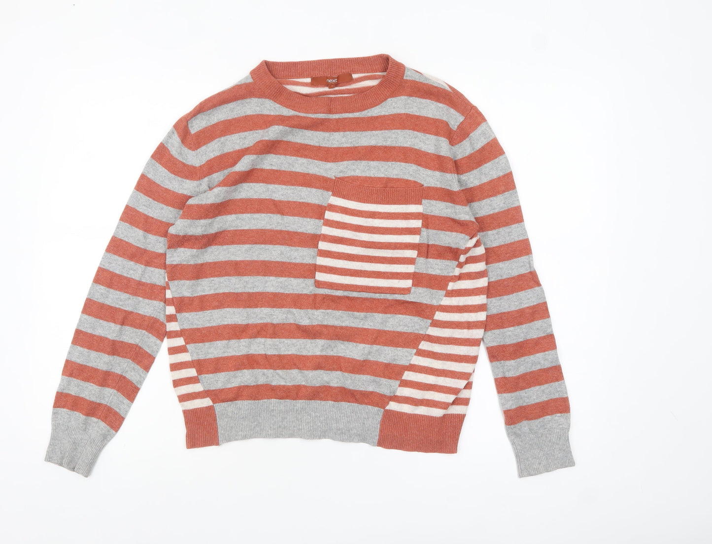 Next Women's Grey & Orange Striped Jumper UK 10 Crew Neck Wool Blend