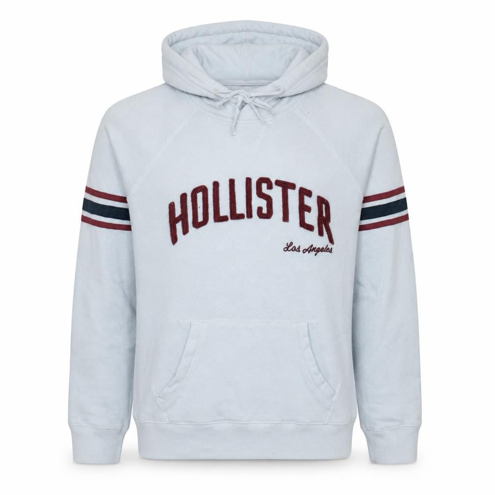 Hollister Men White Pullover Hoodie L Embroidered Logo Fleece