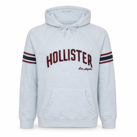 Hollister Men White Pullover Hoodie L Embroidered Logo Fleece