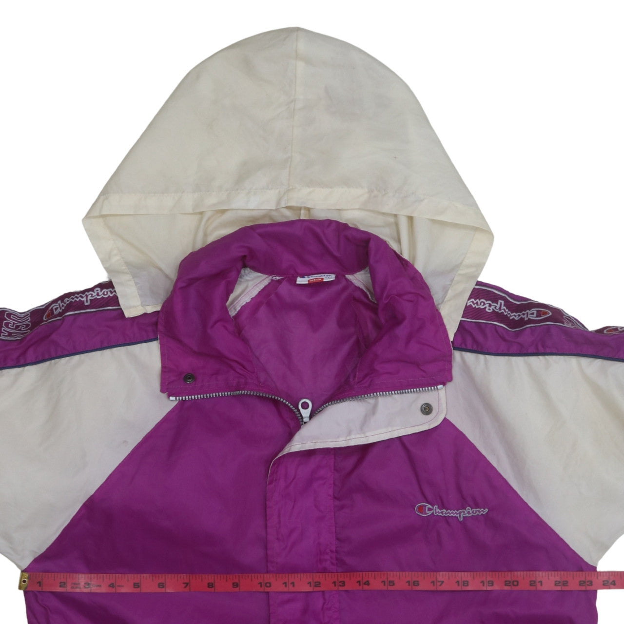 Champion USA Women’s Purple Windbreaker Jacket Size M Retro Hooded Zip Up