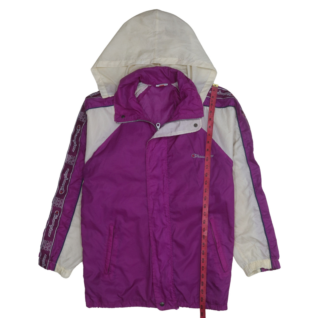 Champion USA Women’s Purple Windbreaker Jacket Size M Retro Hooded Zip Up