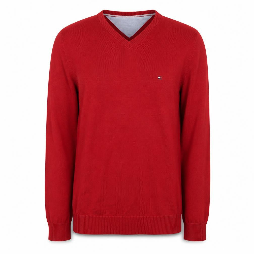 Tommy Hilfiger Men's Red V-Neck Cotton Jumper M Classic Knit