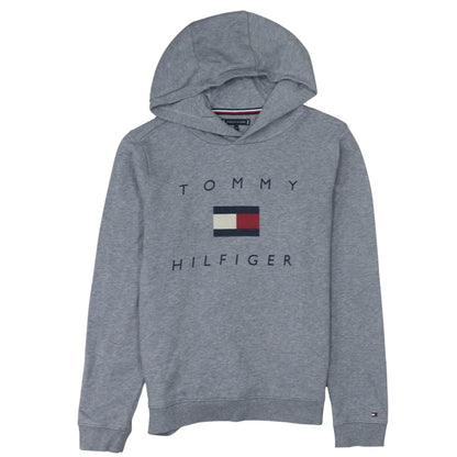 Additional front view of Tommy Hilfiger boys’ grey pullover hoodie, size 164, logo graphic sweatshirt