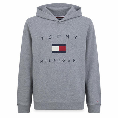Front view of Tommy Hilfiger boys’ grey pullover hoodie, size 164, logo graphic sweatshirt