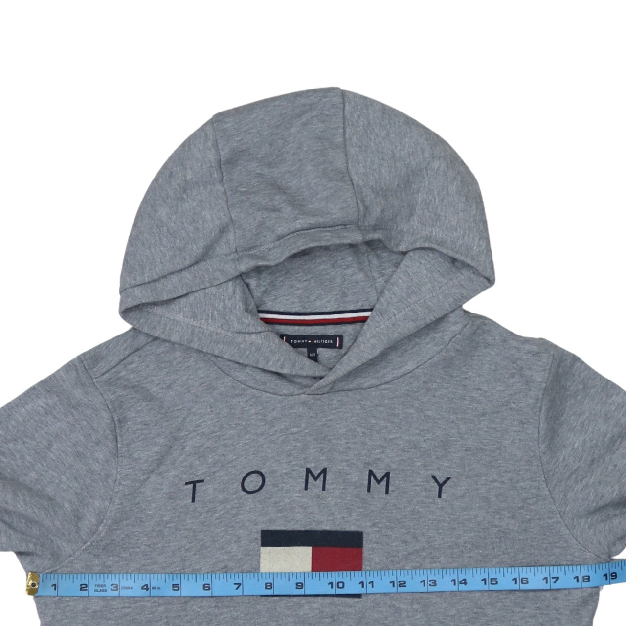 Tommy Hilfiger Boys Grey Pullover Hoodie Size 164 Logo Graphic Sweatshirt