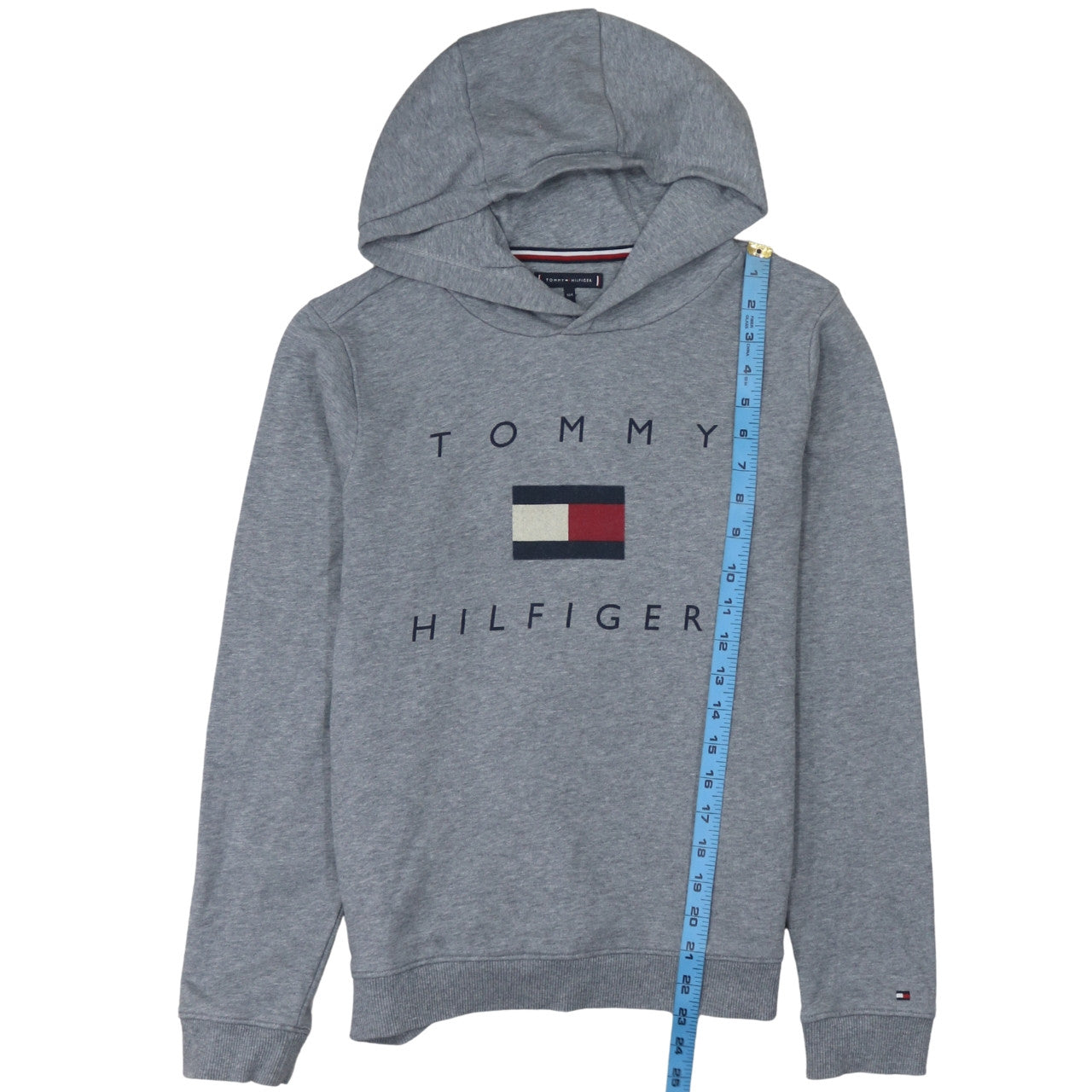 Tommy Hilfiger Boys Grey Pullover Hoodie Size 164 Logo Graphic Sweatshirt