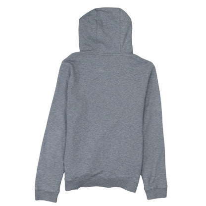 Brand and care label for Tommy Hilfiger boys’ grey pullover hoodie, size 164, logo graphic sweatshirt