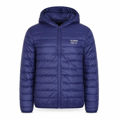Front view of Lee Cooper Men's Blue Hooded Puffer Jacket, size S, Polyester Down Filled