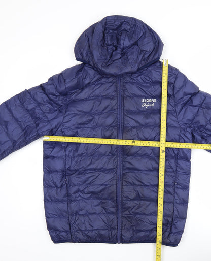 Back view of Lee Cooper Men's Blue Hooded Puffer Jacket, size S, Polyester Down Filled