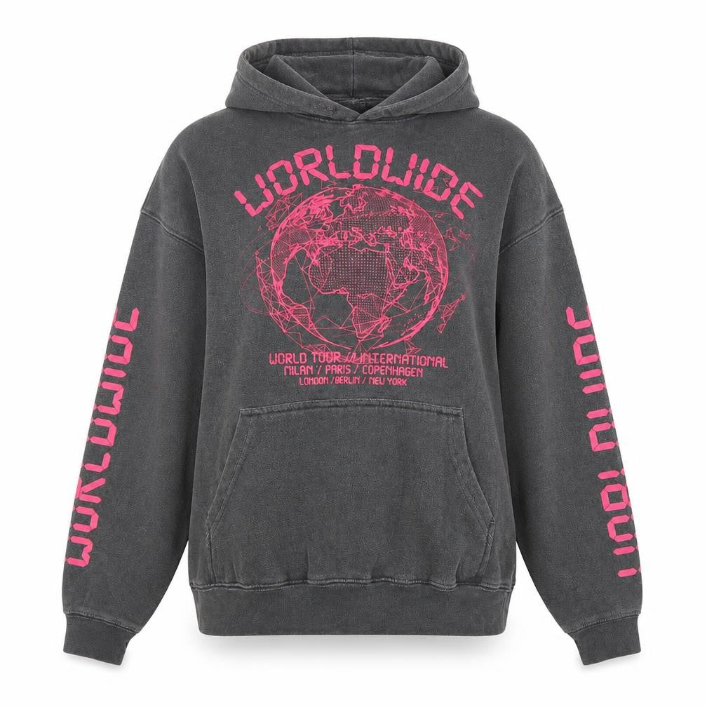 PRETTYLITTLETHING Women’s Grey Worldwide Print Pullover Hoodie Size S