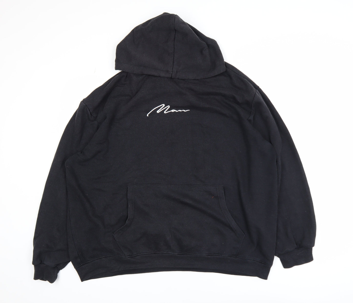 boohooMAN Men’s Black Pullover Hoodie L Embroidered MAN Logo Fleece