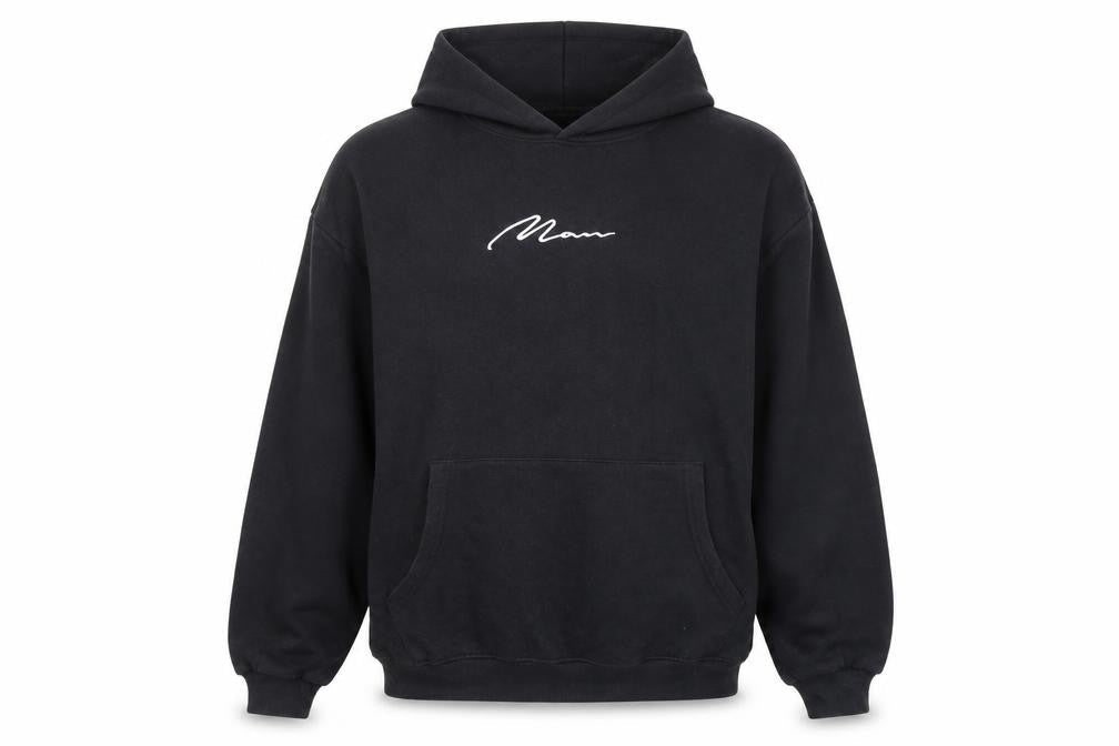 boohooMAN Men’s Black Pullover Hoodie L Embroidered MAN Logo Fleece