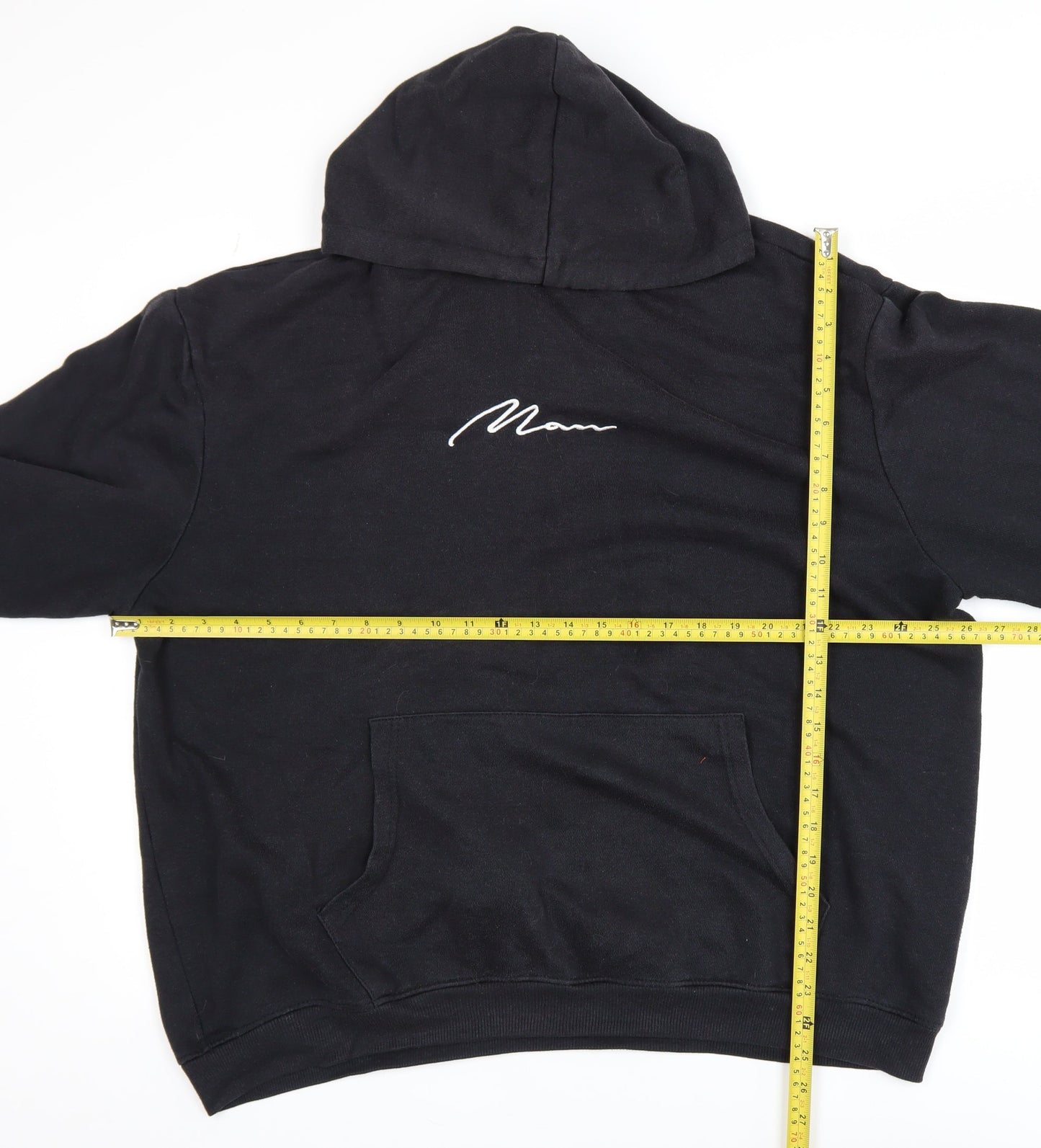 boohooMAN Men’s Black Pullover Hoodie L Embroidered MAN Logo Fleece