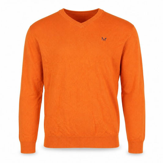 Front view of Crew Clothing Men's Orange V-Neck Cotton Jumper, size S