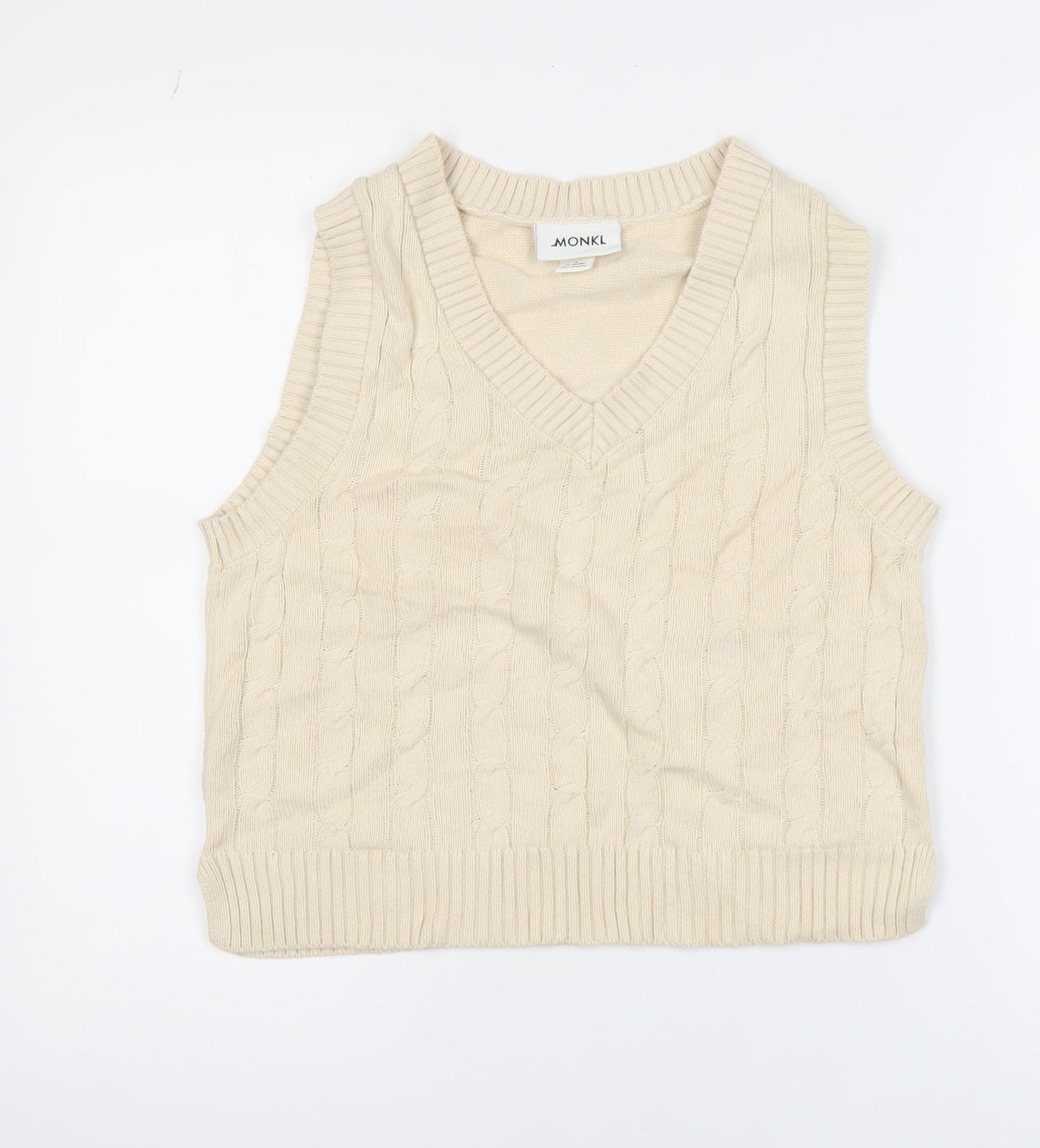 Monki Women's Beige Cable-Knit Cotton Sleeveless Vest Jumper Size S