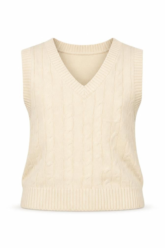 Monki Women's Beige Cable-Knit Cotton Sleeveless Vest Jumper Size S