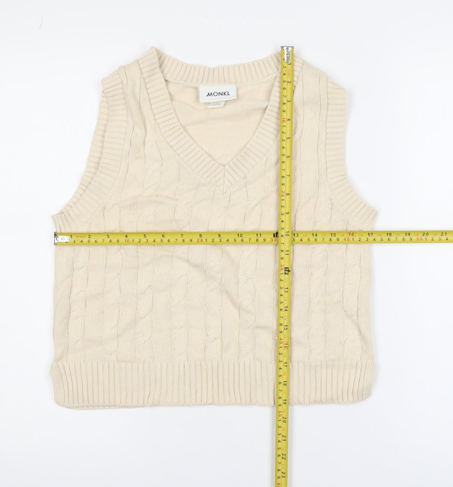 Monki Women's Beige Cable-Knit Cotton Sleeveless Vest Jumper Size S